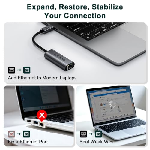 QGeeM USB C to Ethernet Adapter, 1000Mbps Gigabit RJ45 LAN Network Dongle, Thunderbolt 5/4/3 Compatible, Braided Nylon Aluminum Case for iPhone 17/16/15 Pro Max, MacBook Pro/Air M3/2, iPad, XPS - Gray — view 