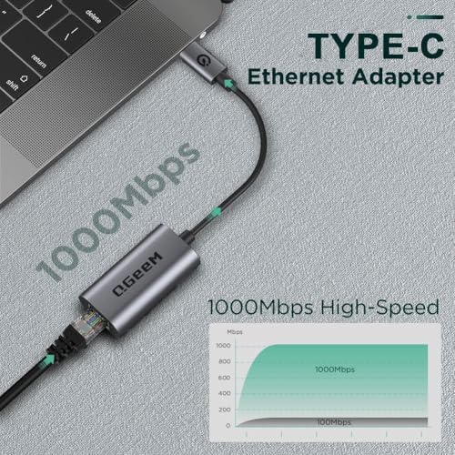 QGeeM USB C to Ethernet Adapter, 1000Mbps Gigabit RJ45 LAN Network Dongle, Thunderbolt 5/4/3 Compatible, Braided Nylon Aluminum Case for iPhone 17/16/15 Pro Max, MacBook Pro/Air M3/2, iPad, XPS - Gray