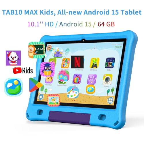 PRITOM All-New Android 15 Kids Tablet, 10-Inch Tablet for Children, 64GB + 1TB Expandable Storage, WiFi 6, Parental Control, Educational Software Games Pre-Installed, with EVA Case, Blue — view 