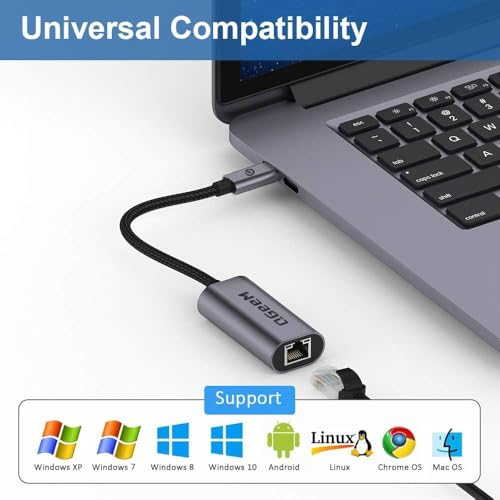 QGeeM USB C to Ethernet Adapter, 1000Mbps Gigabit RJ45 LAN Network Dongle, Thunderbolt 5/4/3 Compatible, Braided Nylon Aluminum Case for iPhone 17/16/15 Pro Max, MacBook Pro/Air M3/2, iPad, XPS - Gray — view 