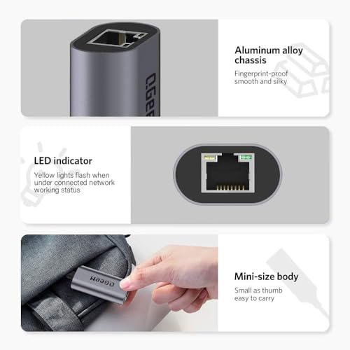 QGeeM USB C to Ethernet Adapter, 1000Mbps Gigabit RJ45 LAN Network Dongle, Thunderbolt 5/4/3 Compatible, Braided Nylon Aluminum Case for iPhone 17/16/15 Pro Max, MacBook Pro/Air M3/2, iPad, XPS - Gray — view 