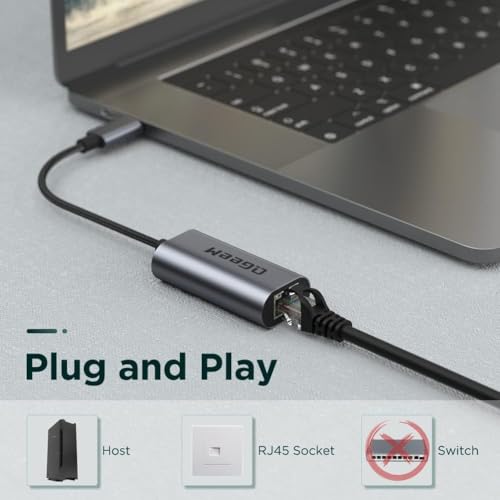 QGeeM USB C to Ethernet Adapter, 1000Mbps Gigabit RJ45 LAN Network Dongle, Thunderbolt 5/4/3 Compatible, Braided Nylon Aluminum Case for iPhone 17/16/15 Pro Max, MacBook Pro/Air M3/2, iPad, XPS - Gray — view 