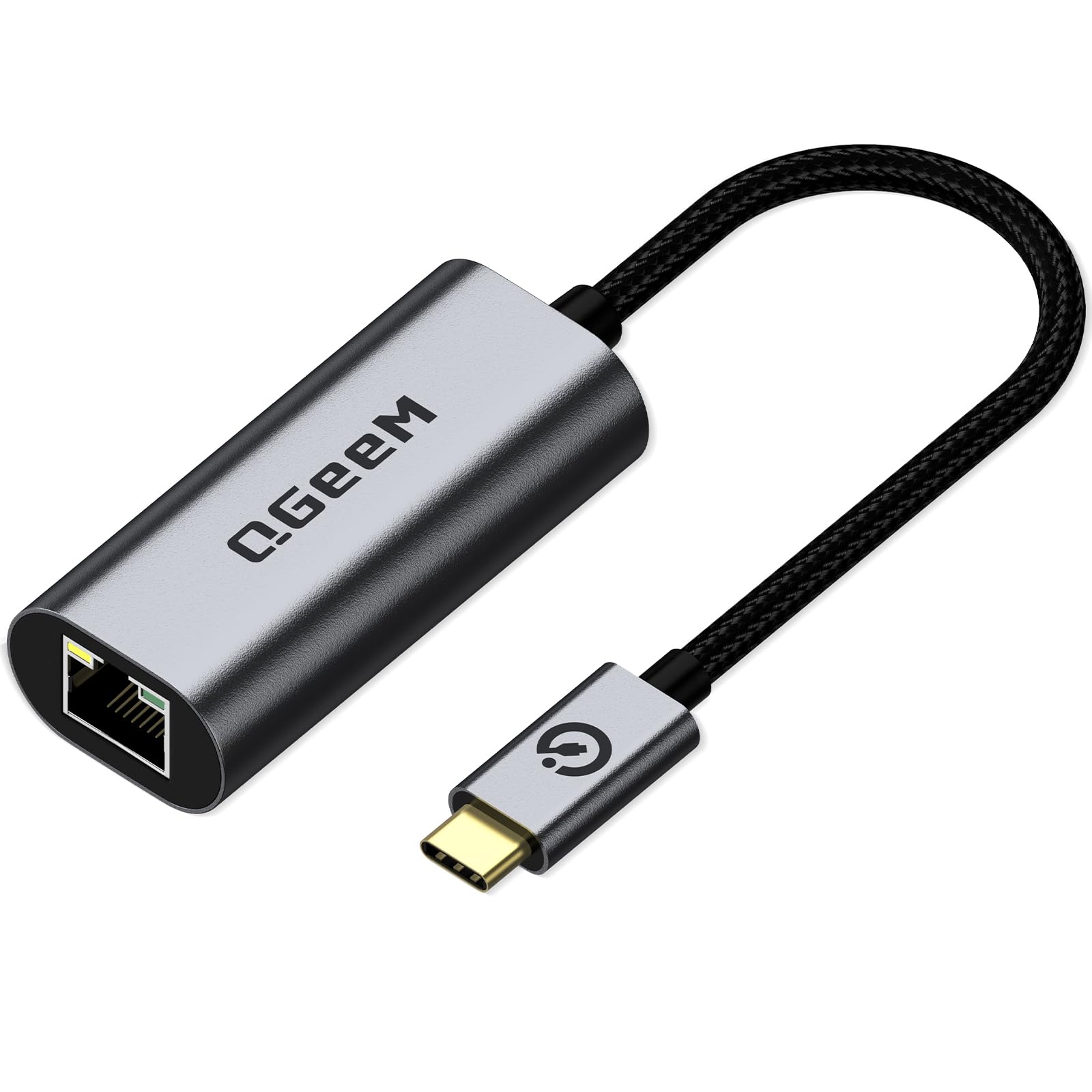 QGeeM USB C to Ethernet Adapter, 1000Mbps Gigabit RJ45 LAN Network Dongle, Thunderbolt 5/4/3 Compatible, Braided Nylon Aluminum Case for iPhone 17/16/15 Pro Max, MacBook Pro/Air M3/2, iPad, XPS - Gray — view 