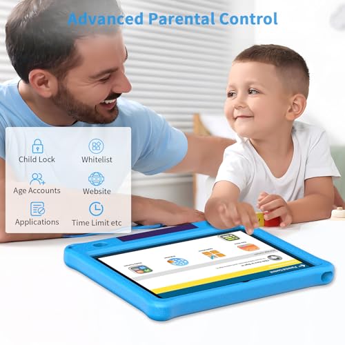 PRITOM All-New Android 15 Kids Tablet, 10-Inch Tablet for Children, 64GB + 1TB Expandable Storage, WiFi 6, Parental Control, Educational Software Games Pre-Installed, with EVA Case, Blue — view 